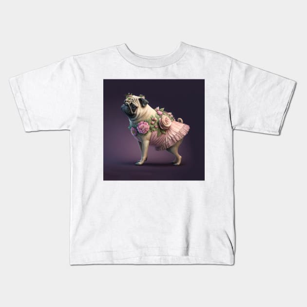 Pug Dog in Pink Flower Dress Kids T-Shirt by candiscamera